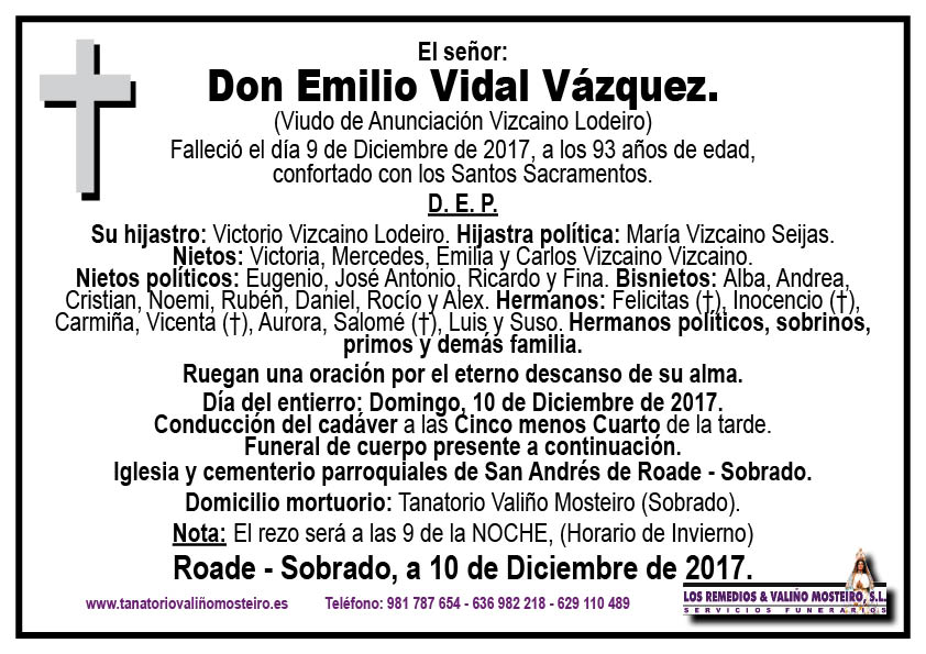 Esquela de Emilio Vidal Vázquez.